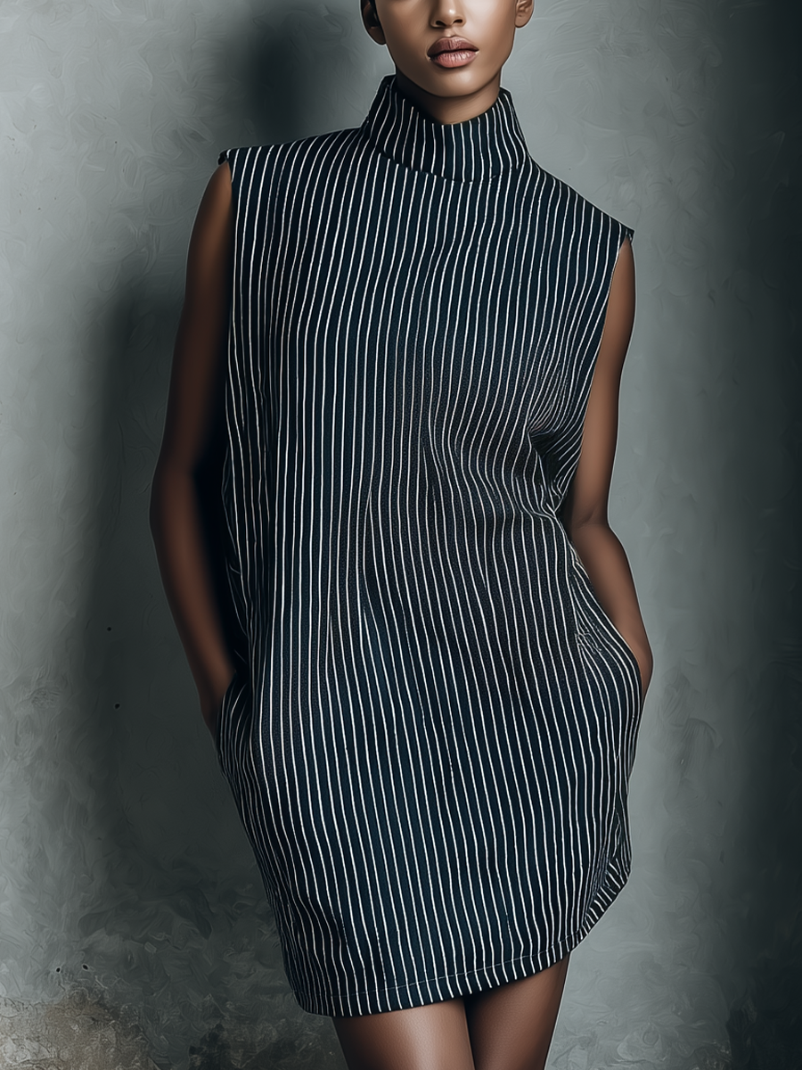 Vestido mini feminino azul-marinho listrado, sem mangas e com bolsos laterais