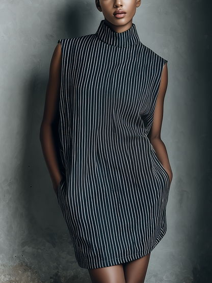 Vestido mini feminino azul-marinho listrado, sem mangas e com bolsos laterais