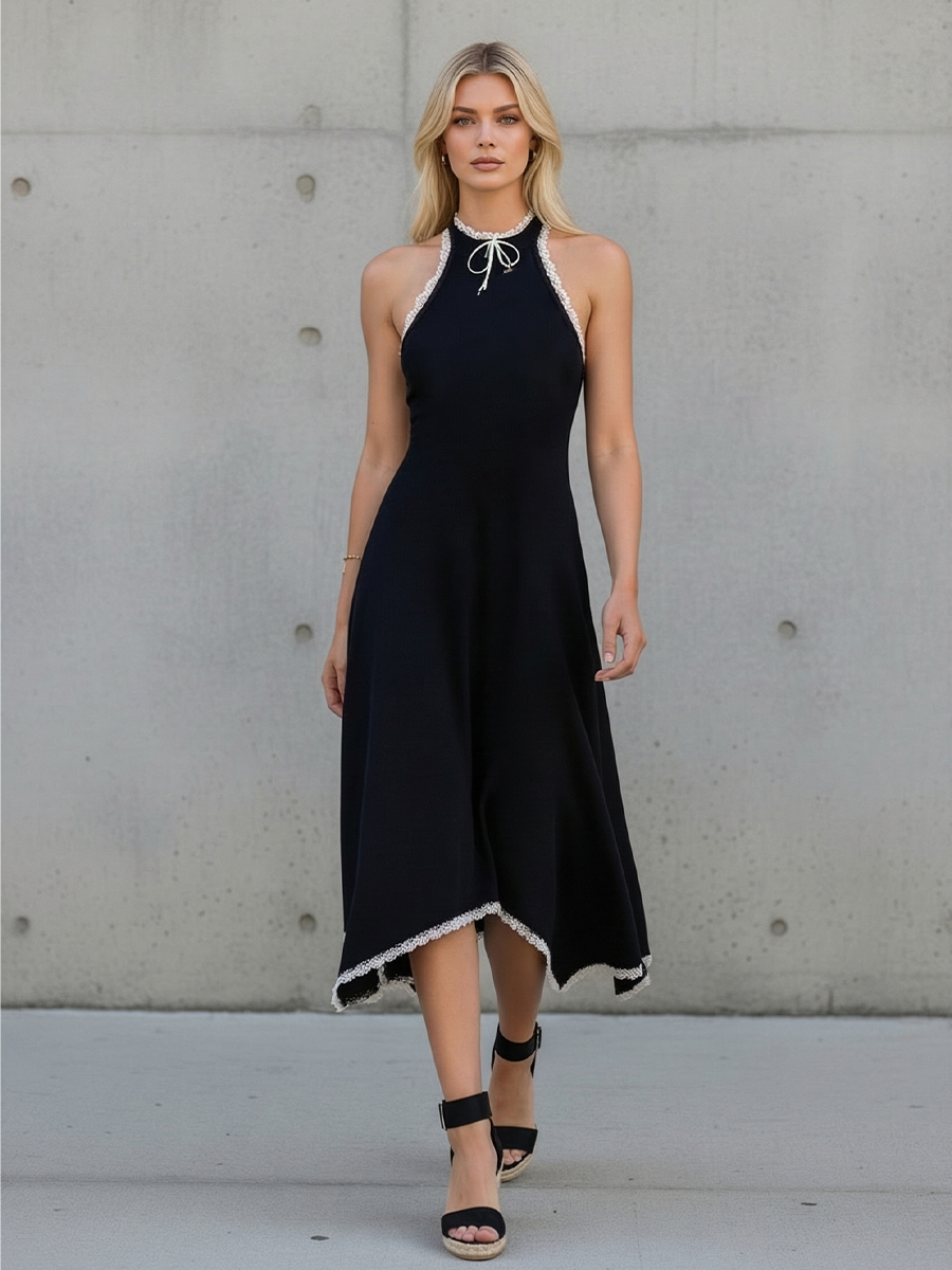 Women's Black Knit Dress With Halter Neck & Contrast Lace Trim, Timeless Feminine-Chic Style Dress
