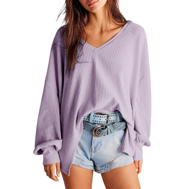 NORA™ - Blusa de punto waffle para mujer con cuello en V, manga farol y corte oversize