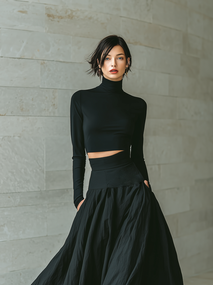 Women's Fashionable And Elegant Black Fitted Turtleneck Long-sleeved Cropped Top Paired With A Black Long Skirt