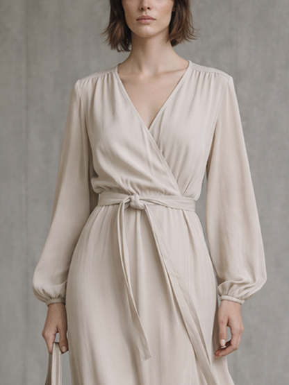 Vestido midi cruzado beige para mujer, de mezcla de algodón, con mangas largas y volantes