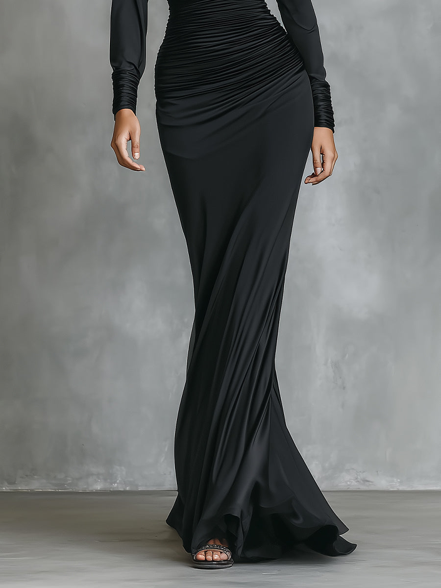 Vestido longo sereia feminino preto elegante de cetim com um ombro só e franzido