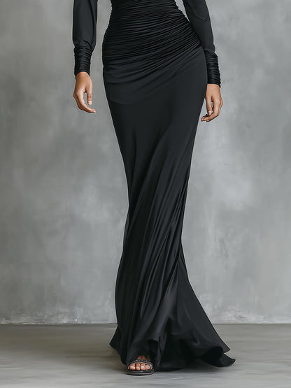 Vestido longo sereia feminino preto elegante de cetim com um ombro só e franzido