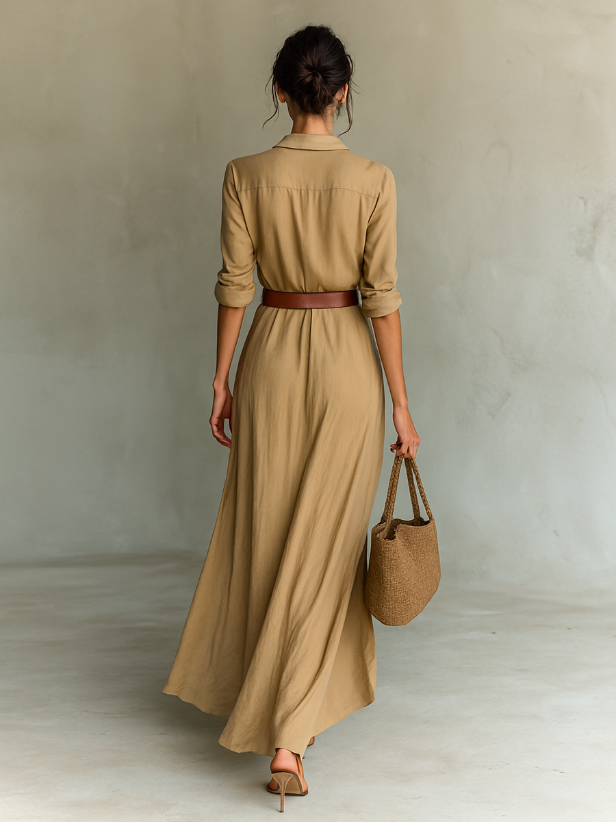 Damen Maxikleid mit Reverskragen, einreihiger Knopfleiste, langen Ärmeln und Taillengürtel