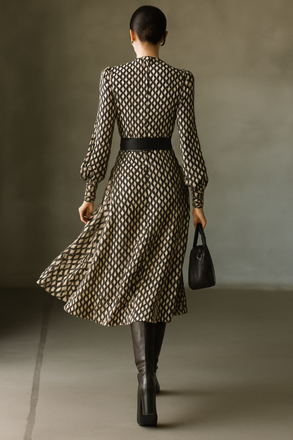 Vestido midi feminino de chiffon com tela preto e branco (sem cinto)