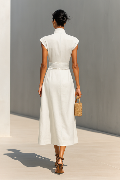 Vestido maxi feminino de algodão puro, com gola de lapela, mangas curtas e cintura marcada