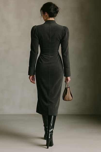 Women's Corduroy V-neck Waist Maxi Dress