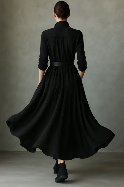Vestido longo feminino vintage preto, de tecido misto texturizado e plissado