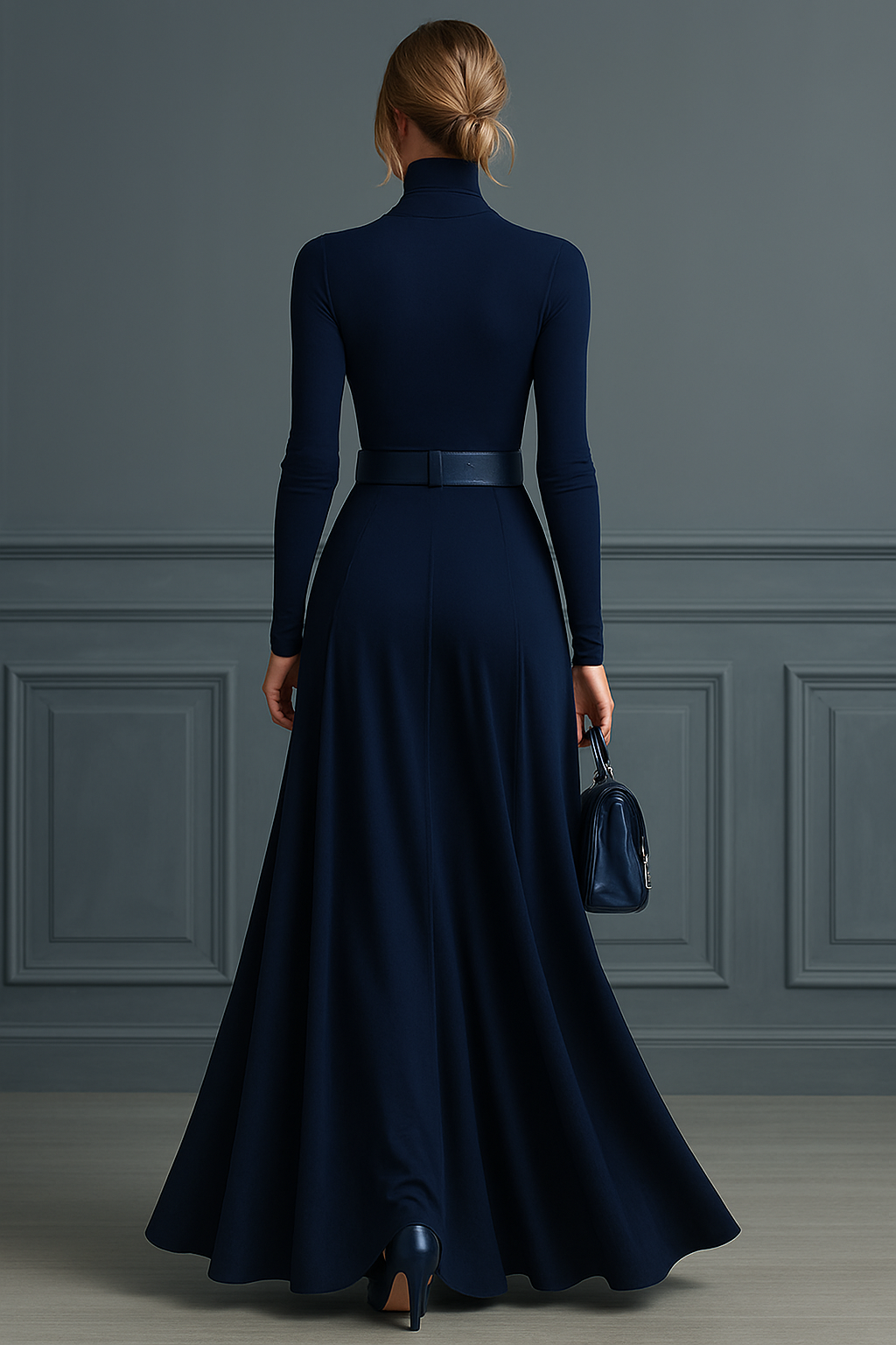 Vestido feminino azul-marinho de tricô com gola alta