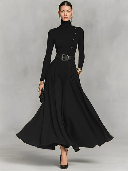 Vestido longo feminino preto de malha, elegante, com gola alta e detalhes de botões
