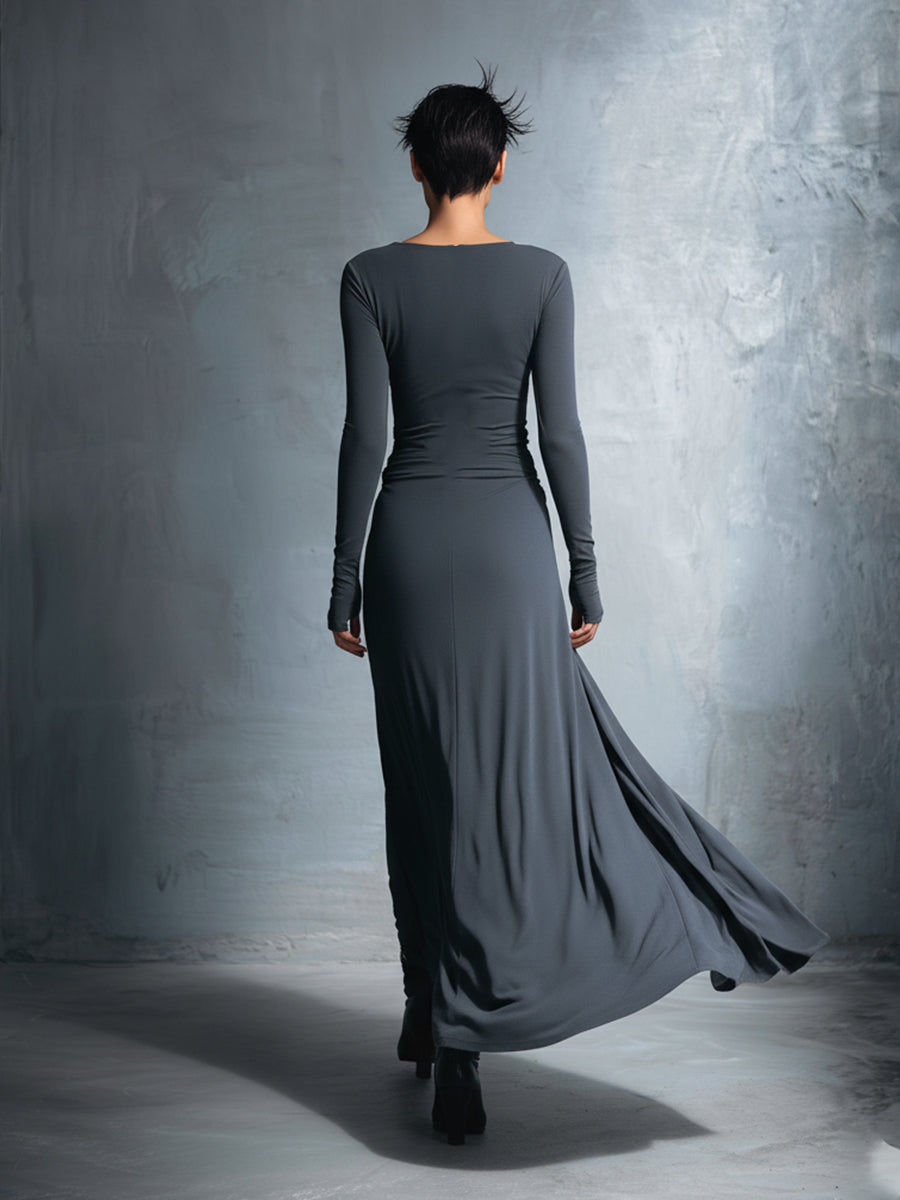 Vestido feminino cinza transpassado de tecido misto com stretch e acabamento requintado — vestido longo com nó