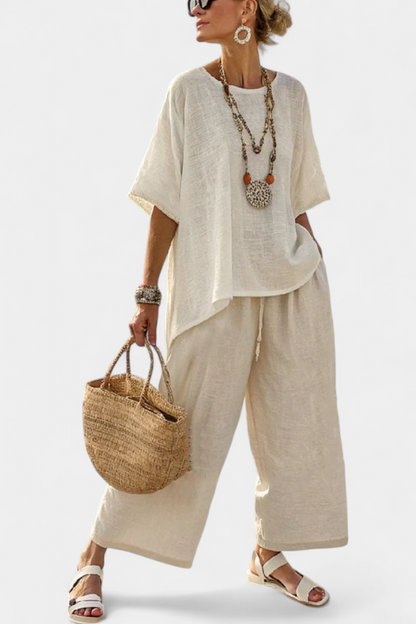 Drevon | Bequemes minimalistisches Raw-Blusen- und Wide-Leg-Hosen-Set