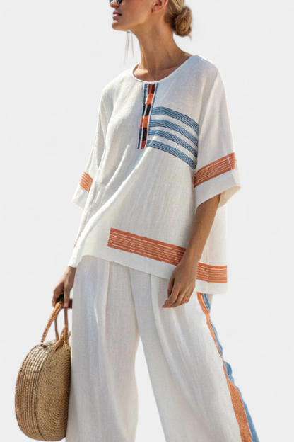 Marcellin | Conjunto sofisticado de blusa y pantalones a rayas azul y naranja