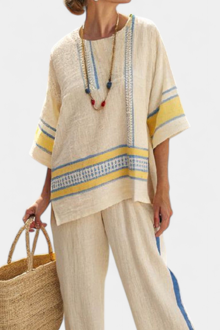 Jaxmere | Conjunto Mediterráneo Cómodo Azul y Amarillo con Pantalones de Lino