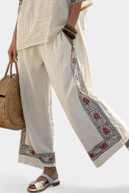 Tameric | Blusa corta bordada sofisticada y pantalones de pierna ancha