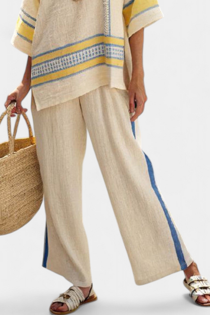 Jaxmere | Conjunto Mediterráneo Cómodo Azul y Amarillo con Pantalones de Lino