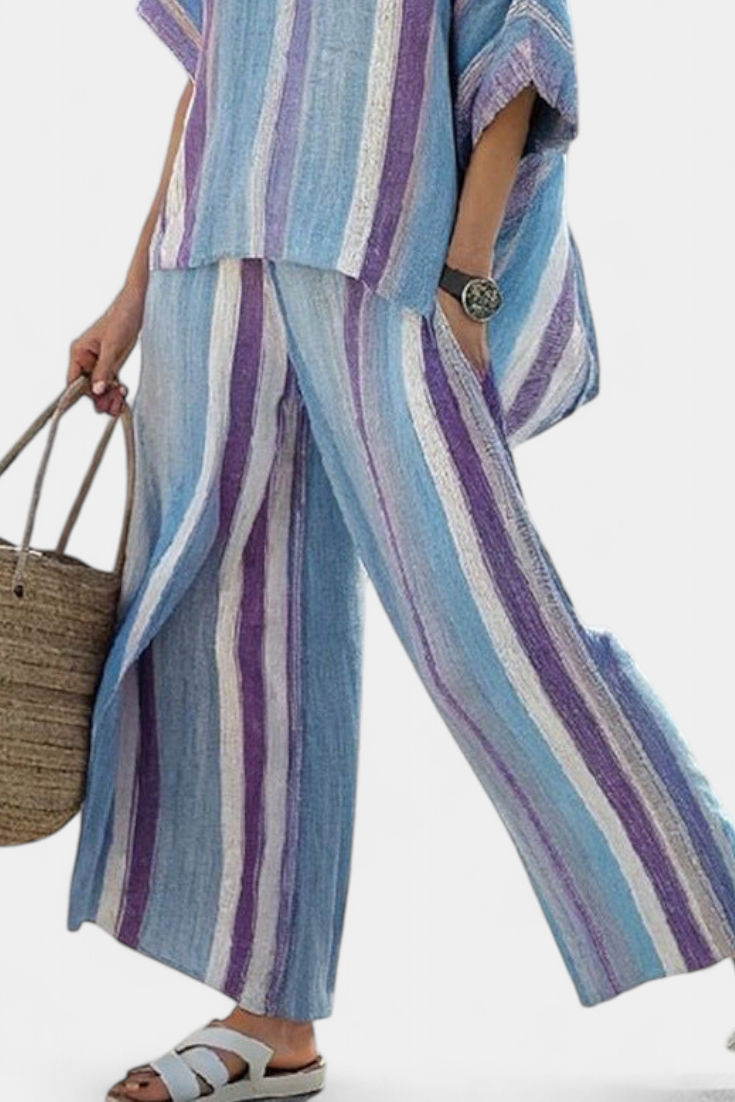 Faelith | Elegantes pastellfarbenes Oberteil in Mauve & gestreifte Leinenhose