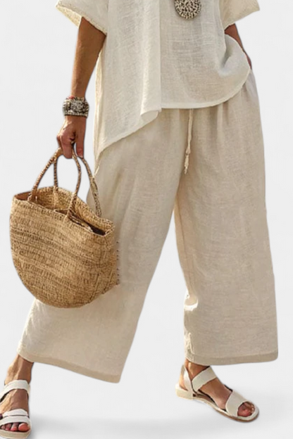 Drevon | Bequemes minimalistisches Raw-Blusen- und Wide-Leg-Hosen-Set