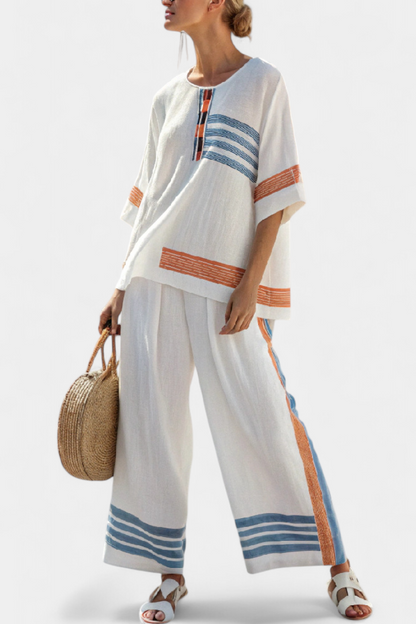 Marcellin | Conjunto sofisticado de blusa y pantalones a rayas azul y naranja