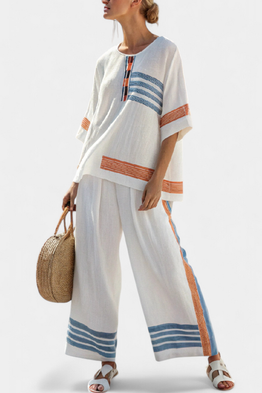 Marcellin | Conjunto sofisticado listrado azul e laranja com blusa e calça