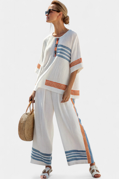 Marcellin | Conjunto sofisticado de blusa y pantalones a rayas azul y naranja