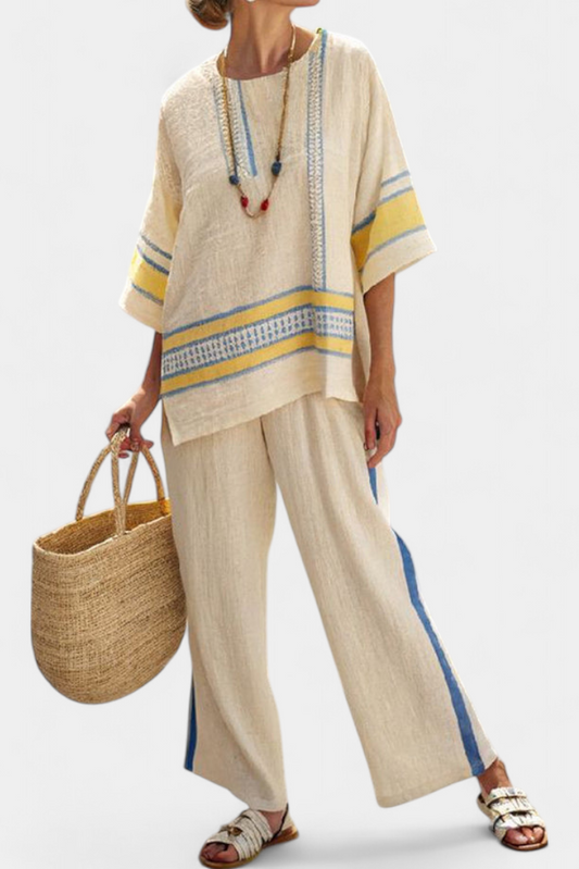 Jaxmere | Conjunto Mediterrâneo Confortável Azul-Amarelo com Blusa e Calça de Linho