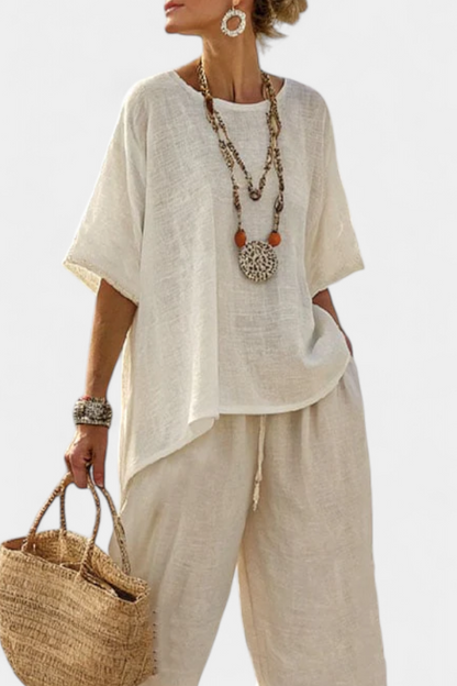 Drevon | Bequemes minimalistisches Raw-Blusen- und Wide-Leg-Hosen-Set