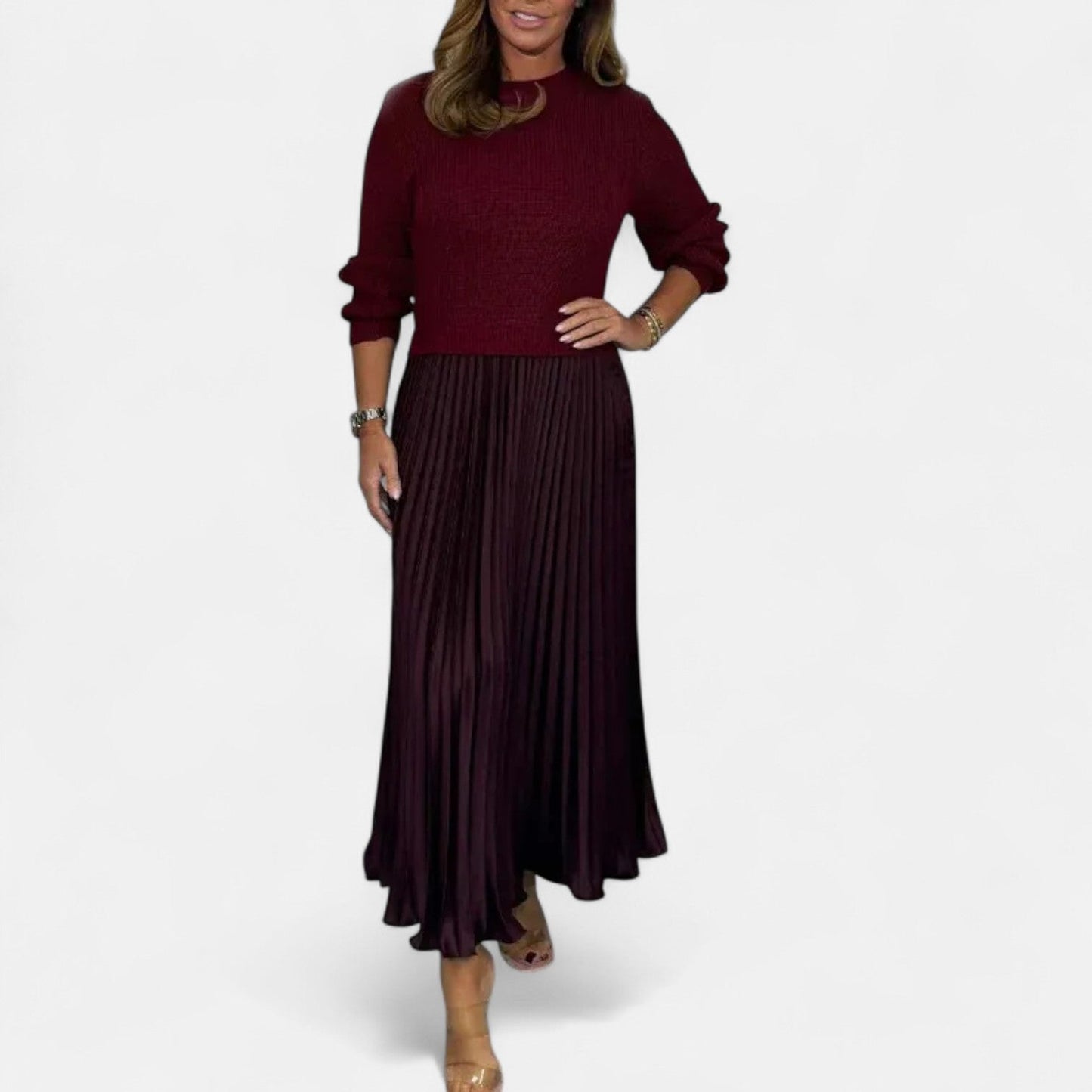Claudia - Vestido maxi com suéter e saia plissada