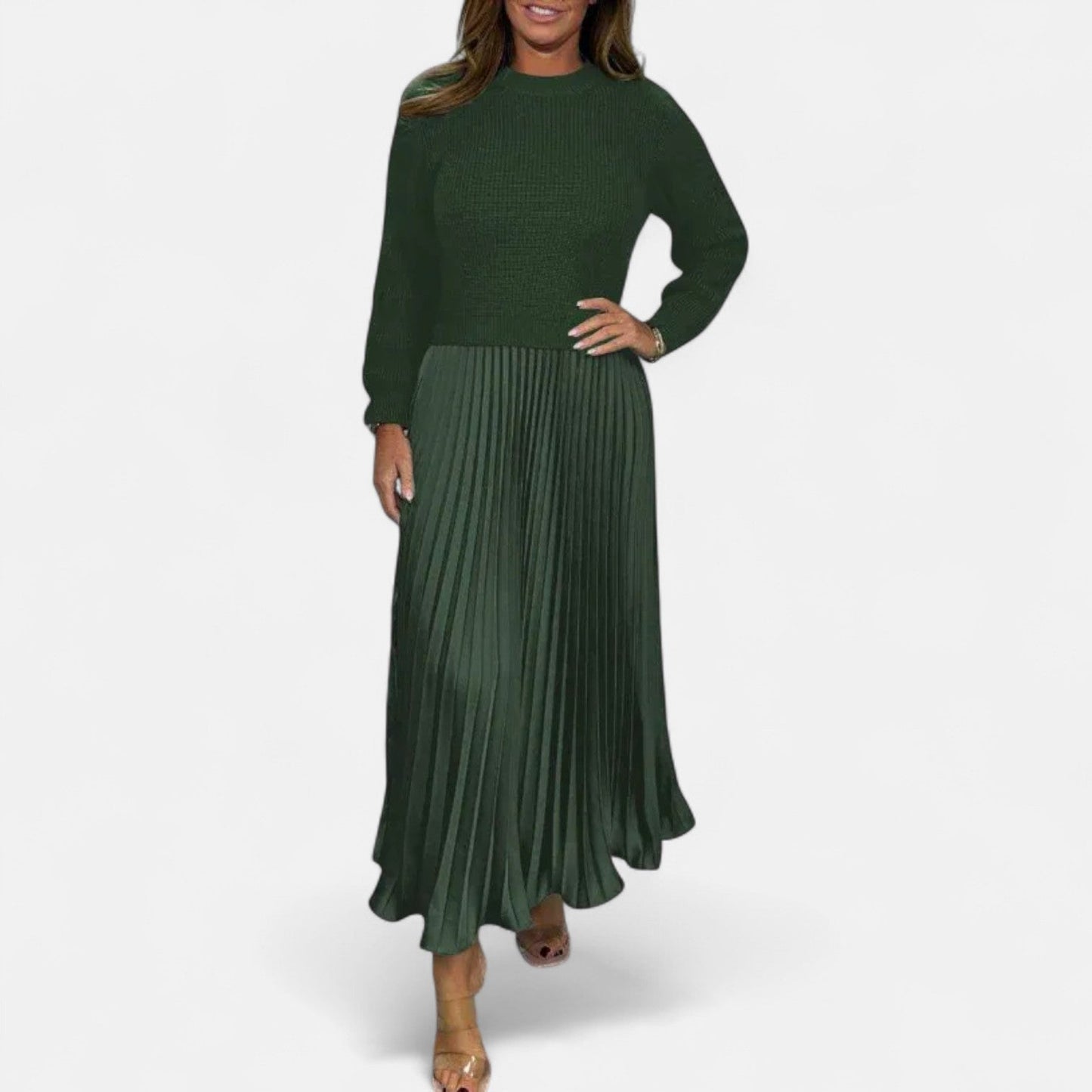 Claudia - Vestido maxi com suéter e saia plissada