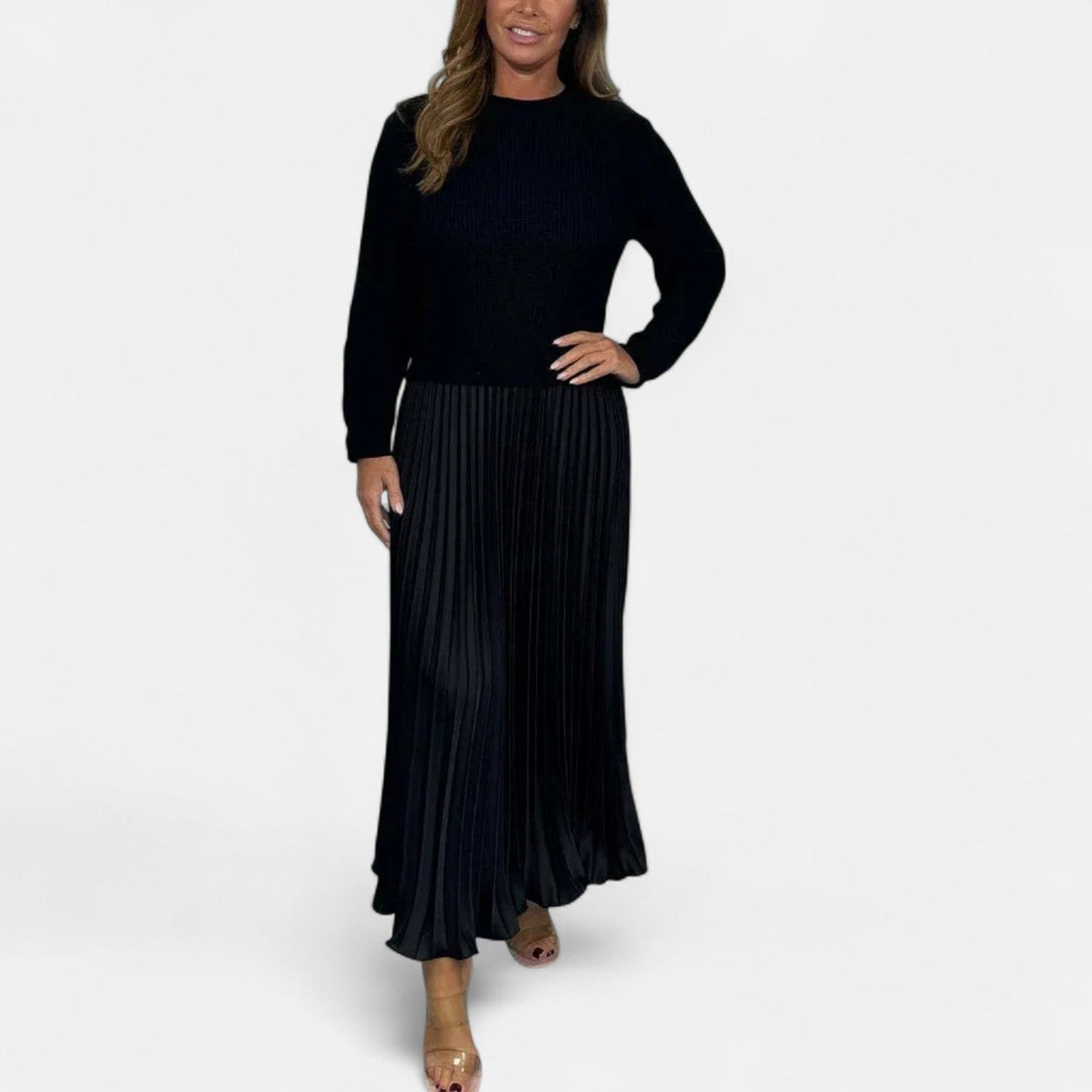 Claudia - Vestido maxi com suéter e saia plissada