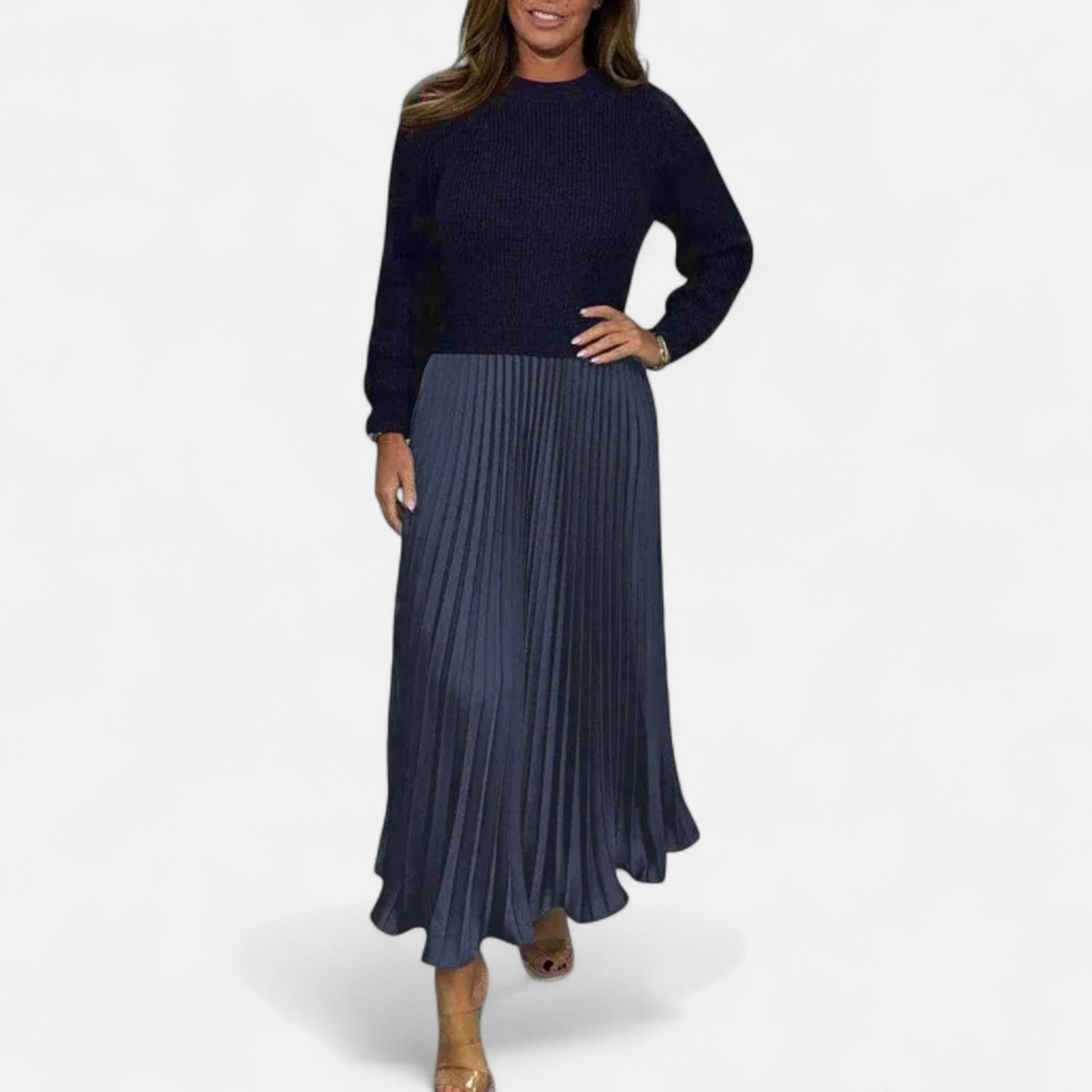 Claudia - Vestido maxi com suéter e saia plissada
