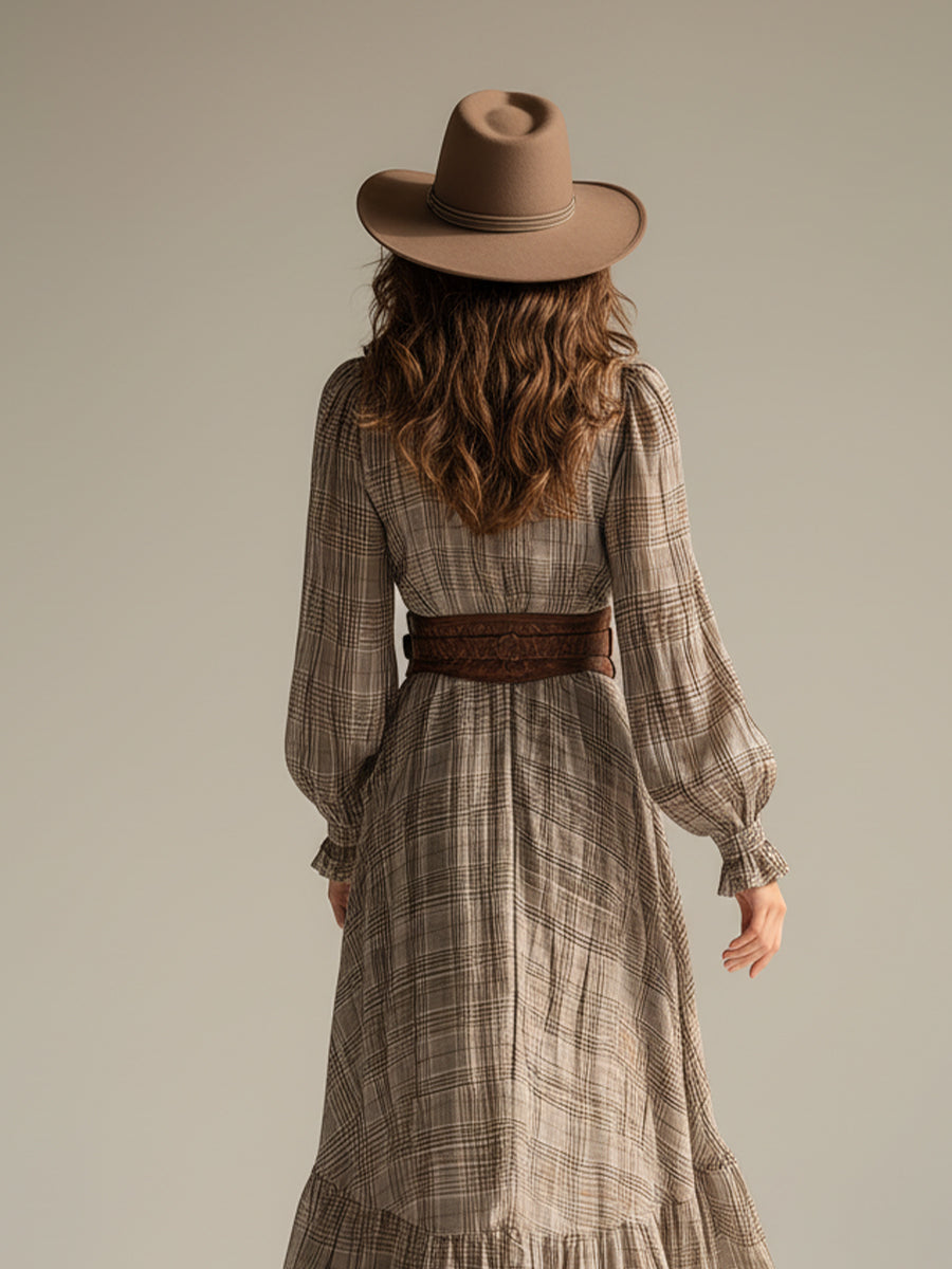 Beige ternet boheme-chiffon-midikjole med flæser til kvinder (uden bælte)