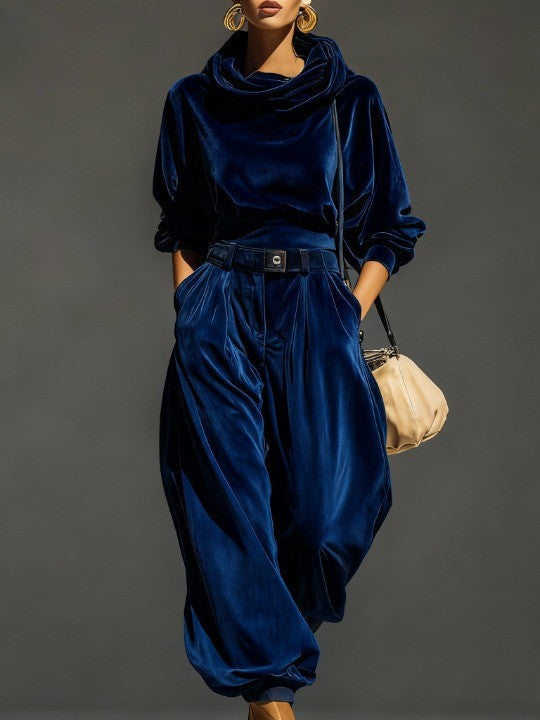 Lovely | Vintage-braunes Samt-Hoodie- und locker sitzendes Hosen-Set (inklusive Gürtel)