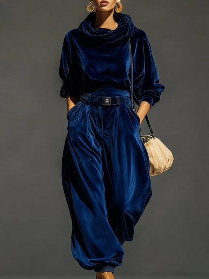 Lovely | Vintage-braunes Samt-Hoodie- und locker sitzendes Hosen-Set (inklusive Gürtel)