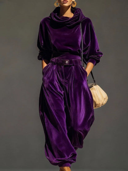 Lovely | Vintage-braunes Samt-Hoodie- und locker sitzendes Hosen-Set (inklusive Gürtel)