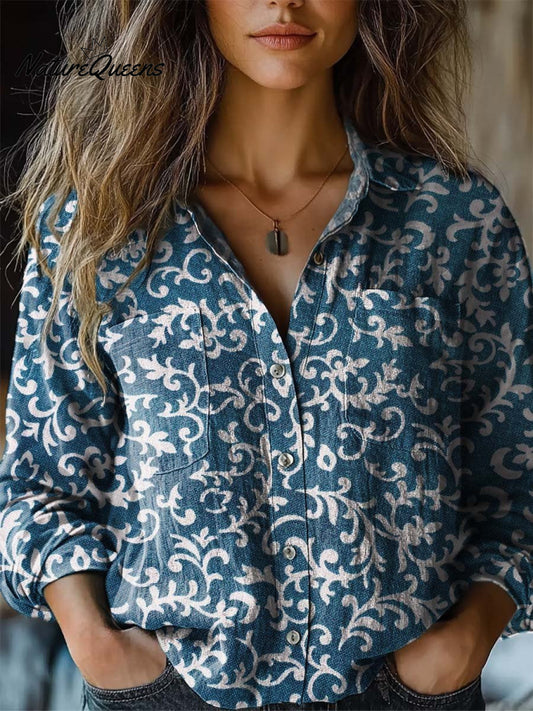 Marilyn | Women's Vintage Floral Art Print Casual Long Sleeve Comfortable Cotton Shirt