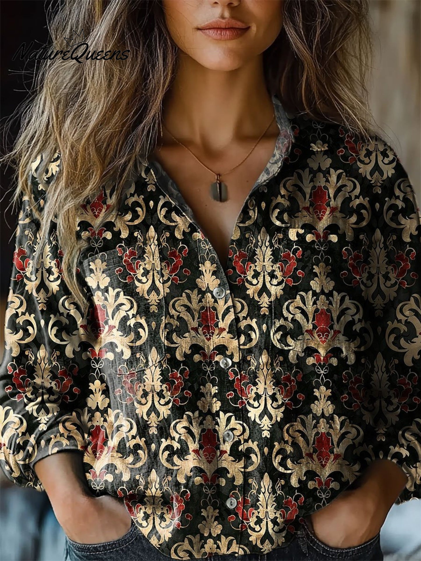 Doris | Camisa Casual Feminina de Algodão Confortável com Estampa Retrô de Flores e Manga Longa