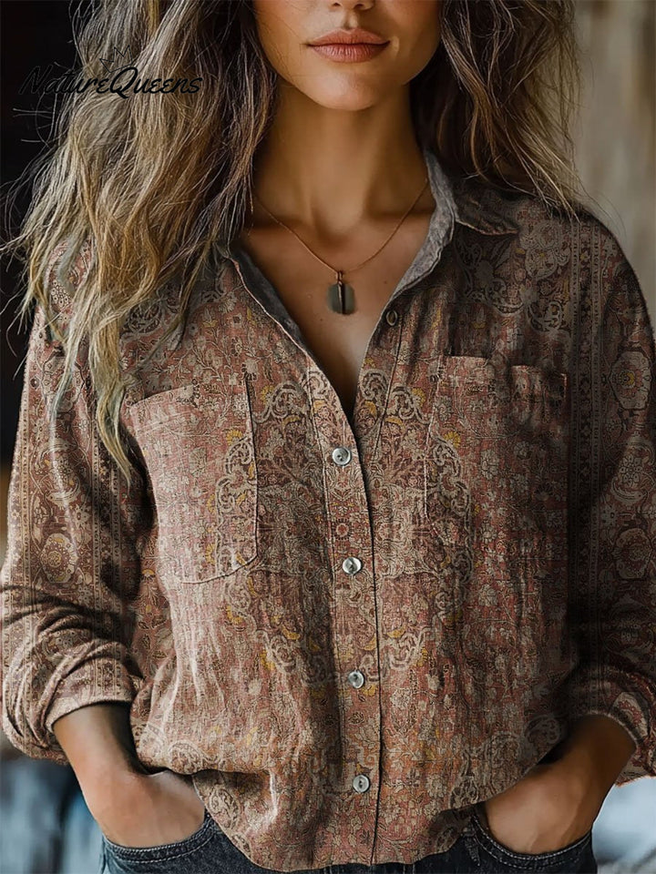 Rachel | Damen Vintage Kunstdruck Lässiges Langarmshirt Bequemes Baumwollshirt