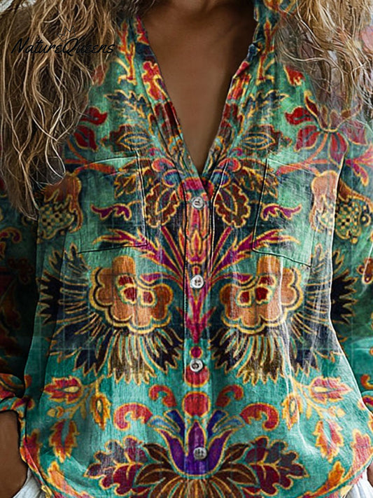 Laura | Women's Vintage Lovely Floral Art Print Casual Long Sleeve Comfortable Cotton Shirt