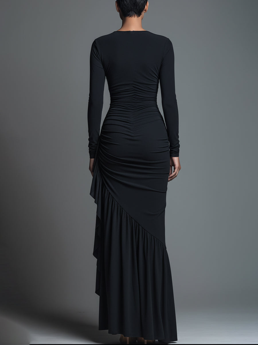 Vestido largo elegante negro de punto de jersey para mujer con fruncido