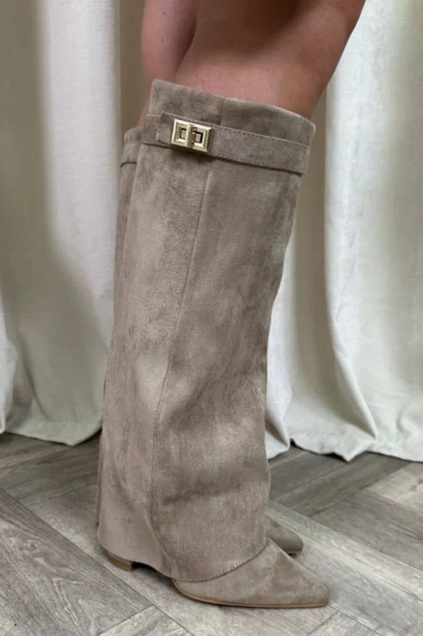 Botas altas para mujer hasta la rodilla con tacón grueso y ajuste elegante con hebilla en ante o cuero