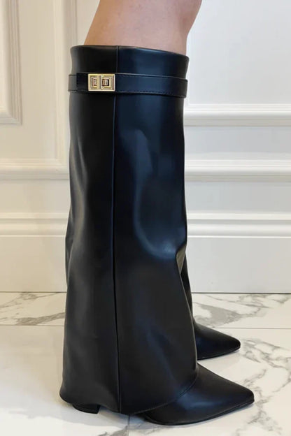 Botas altas para mujer hasta la rodilla con tacón grueso y ajuste elegante con hebilla en ante o cuero
