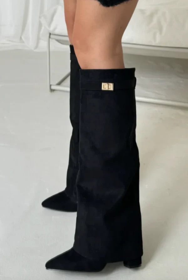 Botas altas para mujer hasta la rodilla con tacón grueso y ajuste elegante con hebilla en ante o cuero
