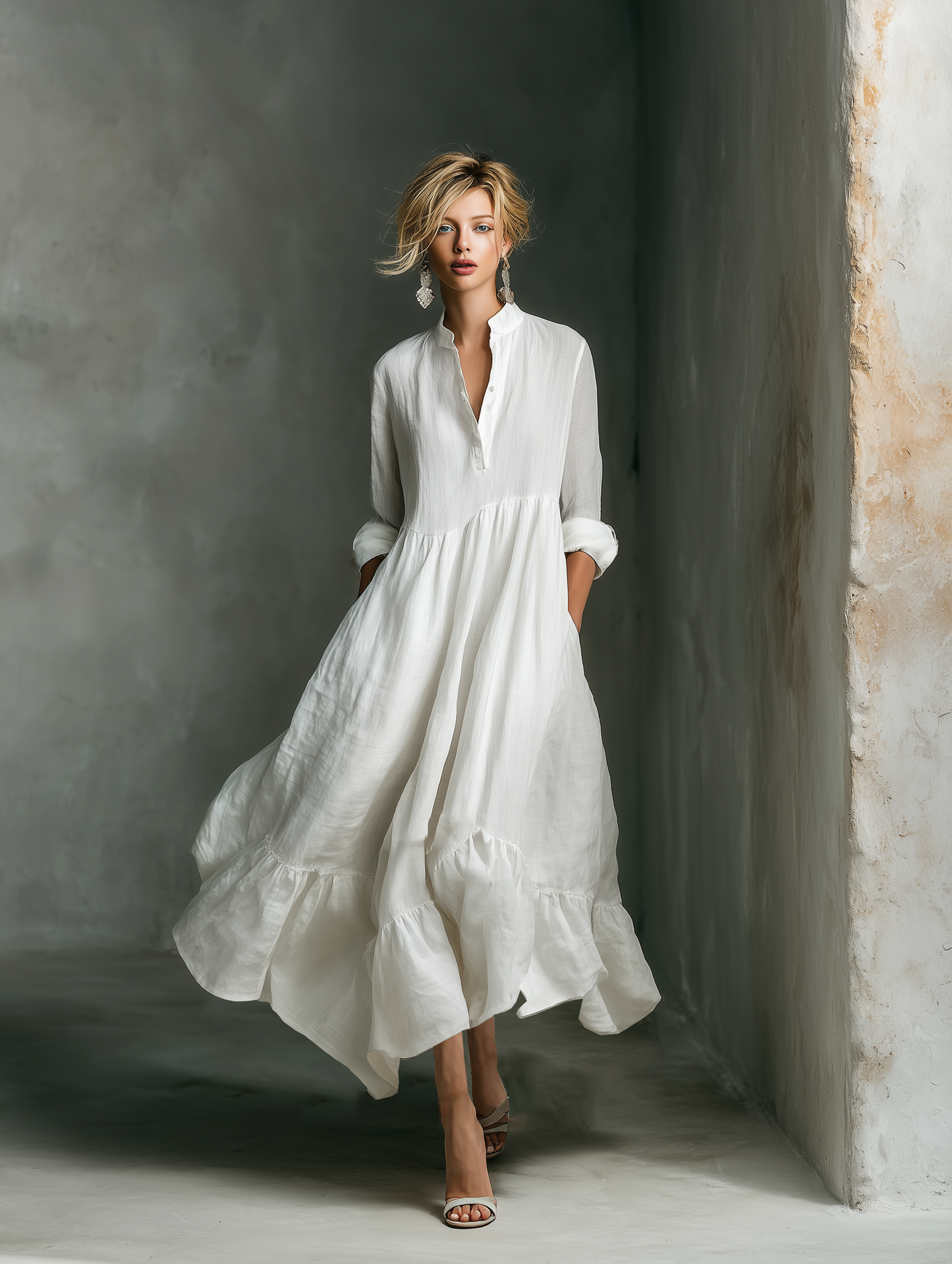 Weißes langärmeliges Maxikleid für Damen mit Rüschen
