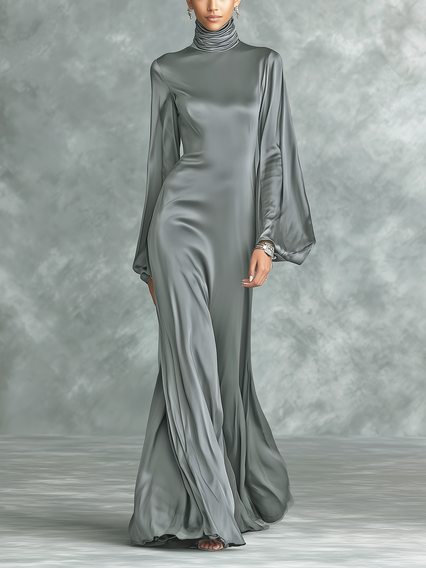 Vestido largo gris de satén, moderno, de cuello alto, manga larga y corte holgado para mujer