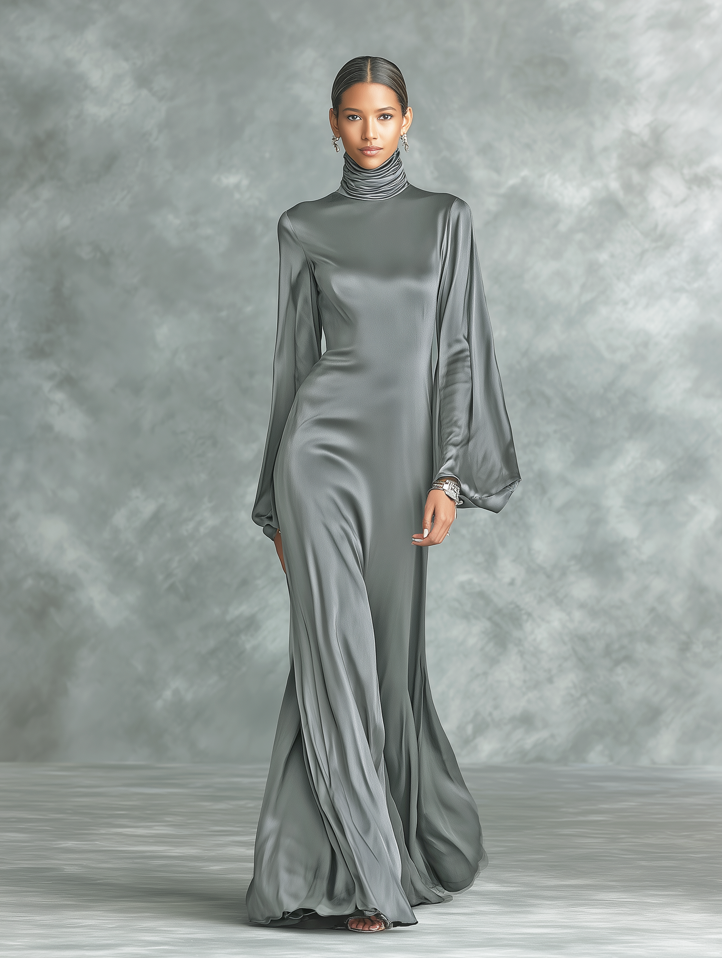 Vestido largo gris de satén, moderno, de cuello alto, manga larga y corte holgado para mujer