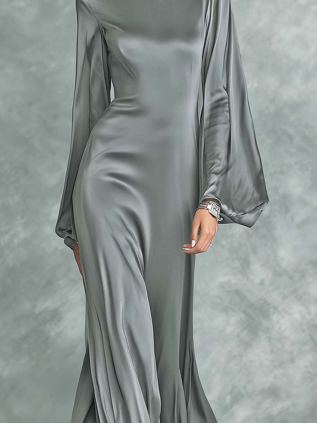 Vestido largo gris de satén, moderno, de cuello alto, manga larga y corte holgado para mujer