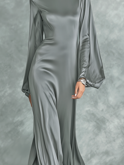 Vestido largo gris de satén, moderno, de cuello alto, manga larga y corte holgado para mujer