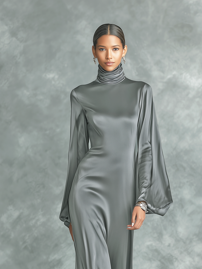 Vestido largo gris de satén, moderno, de cuello alto, manga larga y corte holgado para mujer